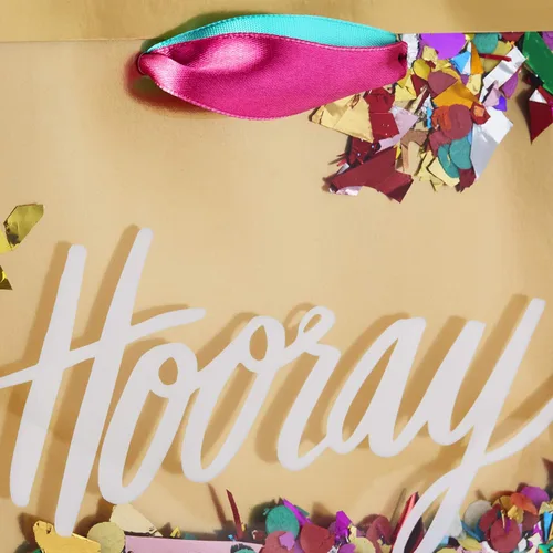 Miniatura 6 de Hallmark Signature - Bolsa de regalo de 7 pulgadas (tamaño mediano) con papel de seda (¡Hurray! Oro con confeti rosa, turquesa, púrpura)