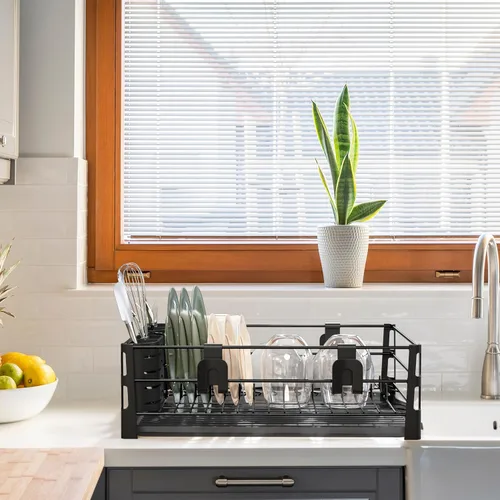 Miniatura 6 de SIMPLE HOUSEWARE Escurridor de platos con escurridor, soporte para utensilios y ganchos para tazas, organizador de mostrador de cocina de metal negro
