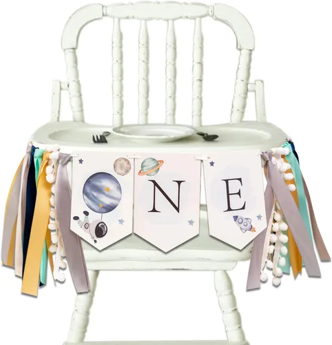 VANGNING Cartel de primer viaje alrededor del sol para silla de bebé, un cumpleaños, planetas, astronauta, cohete, primer cumpleaños, silla alta Azul