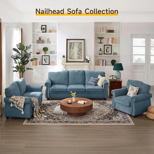 Miniatura 6 de ONBRILL Sofá Nailhead, sofá pequeño de 66 pulgadas con brazos enrollados, sofá biplaza de tela de felpilla con cojín de asiento con resortes, Verde