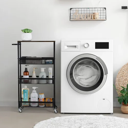 Miniatura 6 de MOOACE Carrito de almacenamiento delgado, estantería de cocina rodante de 4 niveles sobre ruedas, carrito estrecho móvil con mesa de madera