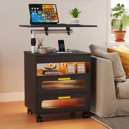 Miniatura 12 de WOOVIVS - Mesita de noche con estación de carga, mesa auxiliar con luces LED, mesa auxiliar inteligente con mesa giratoria ajustable/cajón