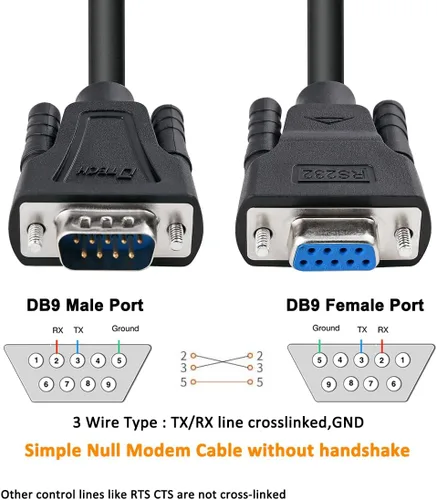 Miniatura 2 de DTech DB9 RS232 - Cable serie macho a hembra, cable de módem nulo, línea cruzada TX RX para comunicación de datos (10 pies, negro)