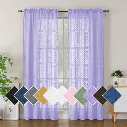 Miniatura 30 de Simplebrand Cortinas traslúcidas negras de cocina de 24 pulgadas de largo, 2 paneles, filtrado de luz, geométrico jacquard con textura, cortinas