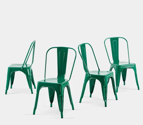 Miniatura 26 de Juego de 8 sillas de comedor de metal verde alpino, sillas de cocina apilables retro estilo granja, sillas laterales de acero verde oscuro para café