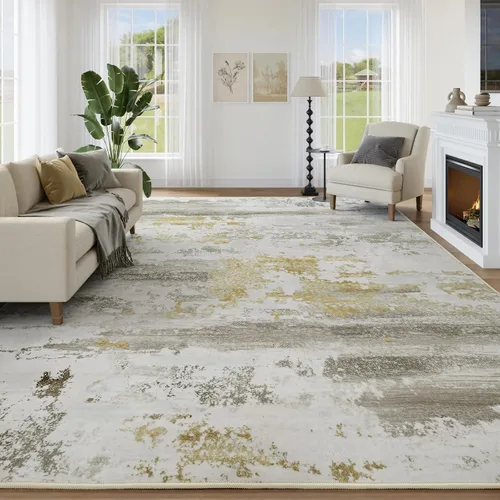 Kelarea Alfombra lavable para sala de estar, 5 x 7 antideslizante, alfombras modernas abstractas color beige, alfombra de pelo bajo fácil de