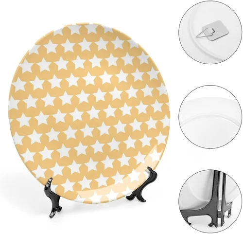Miniatura 4 de XISUNYA Plato decorativo de 6 pulgadas, plato de porcelana amarillo y blanco, estrellas en tonos suaves, patrón elegante, adorno de impresión retro