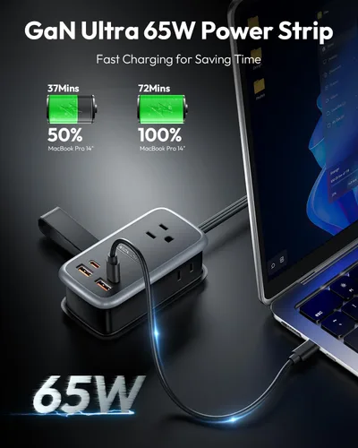 Miniatura 2 de NTONPOWER GAN Ultra Estación de Carga Rápida USB de 65W, Regleta de Energía de Viaje 7 en 1 con 3 Enchufes 4 USB (2 USB C), Cable de Extensión