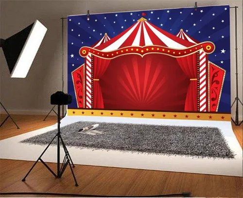 Miniatura 2 de Laeacco Telón de fondo rojo para tienda de campaña de circo de dibujos animados, rayas rojas y blancas, cortina roja de circo, 5 x 3 pies, fondo