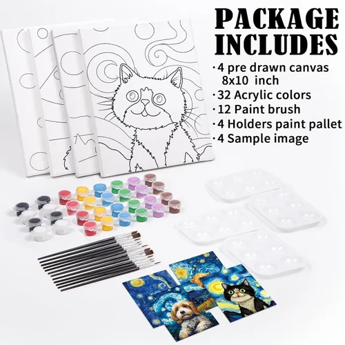 Miniatura 5 de VOCHIC Paquete de 4 Kits de Sip and Paint, Lienzo Predibujado para Pintar para Adultos, Noche de Chicas, Kit de Pintura para Parejas Juegos de Noche