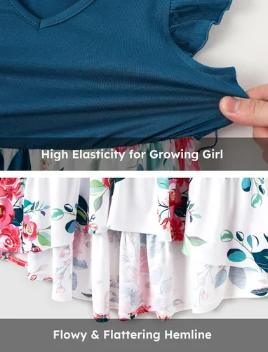 Miniatura 5 de PATPAT Trajes familiares a juego con cuello redondo, puños con volantes, vestidos con estampado floral y camisetas de manga corta