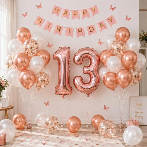 Miniatura 6 de 13th Birthday Decorations For Girls -Rose Gold Pearl White Balloons, 32 Inch Rose Gold "13" Balloon, 3D Butterflies Stickers, Happy Birthday Banner
