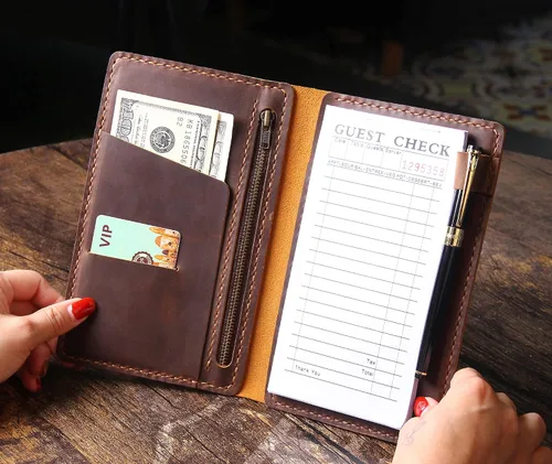 Miniatura 2 de Organizador de libreta de servidor con bolsillo con cremallera, presentadores de cuentas de huéspedes de restaurante de cuero genuino, portador