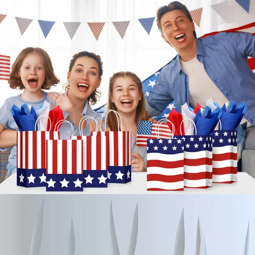 Miniatura 6 de Tisancy 30 bolsas de regalo patrióticas con asa con 30 piezas de papel de seda rojo, blanco y azul, 4 de julio, bandera estadounidense, bolsas