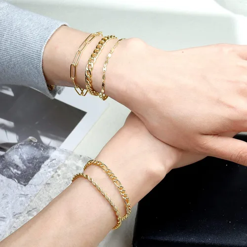 Miniatura 4 de KesaPlan Pulsera de moda para mujer, chapado en oro real de 14 quilates, delicado eslabón cubano con clip de cuerda, paquete de pulseras para niñas
