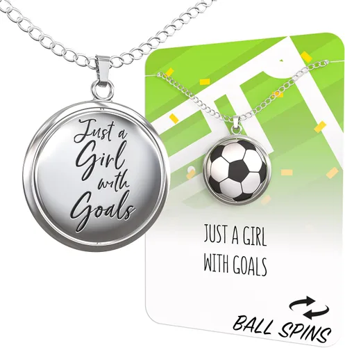 Happy Kisses Collar giratorio de pelota de fútbol para niñas amantes del fútbol Colgante "Just A Girl With Goals" Regalo perfecto para mamás y
