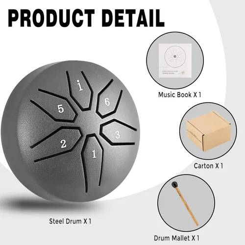 Miniatura 4 de EASTROCK Mini Tambor de Lengua de Acero para Niños de 3 Pulgadas, 6 Notas, Tambor de Acero Handpan, Clave de Do con Mazos, Libro de Música (Negro)