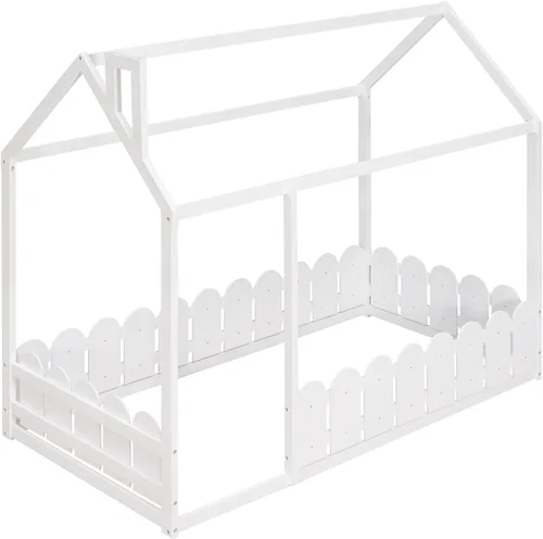 Miniatura 6 de Harper & Bright Designs Camas de casa para niños, cama de piso individual con valla de madera, marco de cama de cabaña que se puede decorar