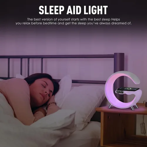 Miniatura 9 de Lámpara de mesa LED inteligente, cargador inalámbrico 4 en 1, luz nocturna, reloj despertador, altavoz Bluetooth con control de aplicación, lámpara