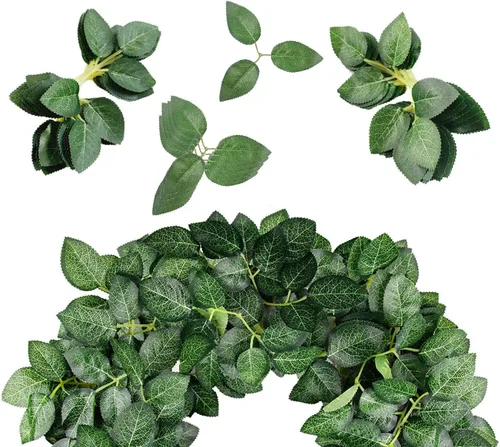 Miniatura 5 de Paquete de 200 hojas verdes artificiales a granel, hojas de rosas falsas para ramos de boda, centros de mesa, decoración de fiesta, 6 hojas