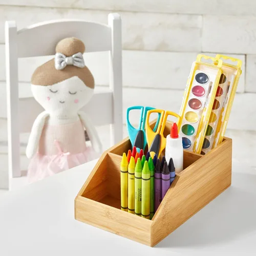 Miniatura 2 de mDesign Caja organizadora compacta de madera de bambú para baño, 3 secciones divididas, gabinetes, estantes, encimeras, dormitorio, cocina