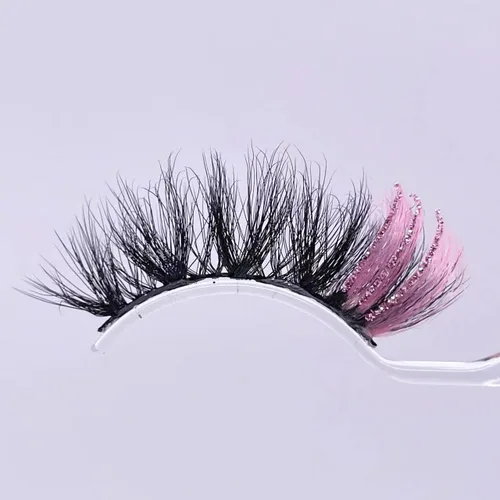 Miniatura 2 de Pestañas postizas negras y rosas con purpurina de color, 1 par de pestañas para mujer, pestañas postizas con reflejos en el extremo, tira