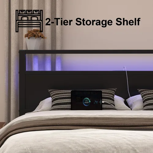 Miniatura 6 de LoVinson Full Size Bed Frame with Charging Station and LED Light, Metal Platform Bed with Storage Headboard, Noise Free, No Box Spring Needed, Easy