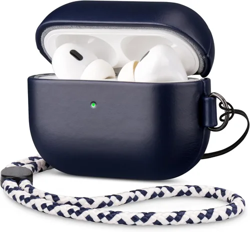 Maogoam Funda de cuero genuino para AirPods Pro 2, botón de sincronización, diseño de clip en D con cordón de mano, funda de cuero encerado de