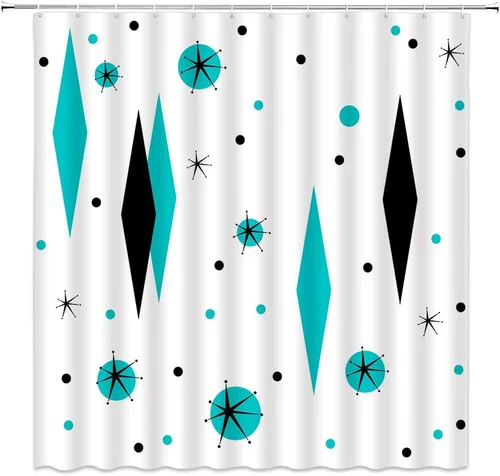 Cortina de ducha de mediados de siglo, moderna abstracta con diamantes atómicos, lunares, retro, de los años 50, decoración geométrica para baño,