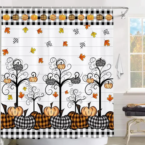 GOOESING Cortinas de ducha de calabaza a cuadros otoñales, calabazas de otoño, hojas de arce, cortina de baño impermeable para baño, juego de