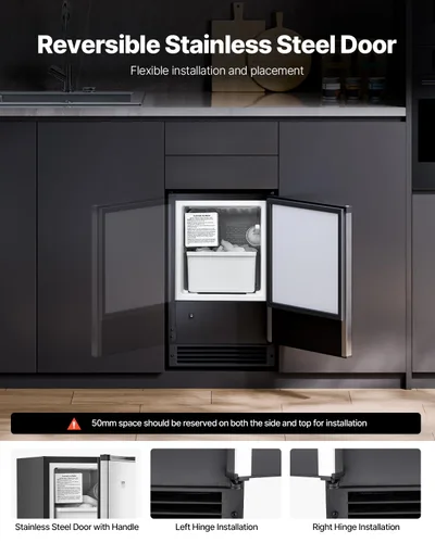 Miniatura 3 de VEVOR Máquina de hielo integrada para debajo del mostrador, 15 libras/día debajo del mostrador, máquina de hielo con puerta reversible de acero