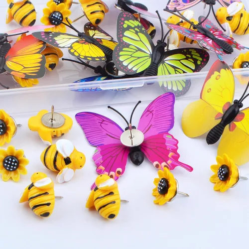 Miniatura 4 de 30 pines decorativos creativos de estilos mixtos, bonitos pasadores de girasol, abeja, mariposa, pasadores con una caja para fotos, pared, oficina