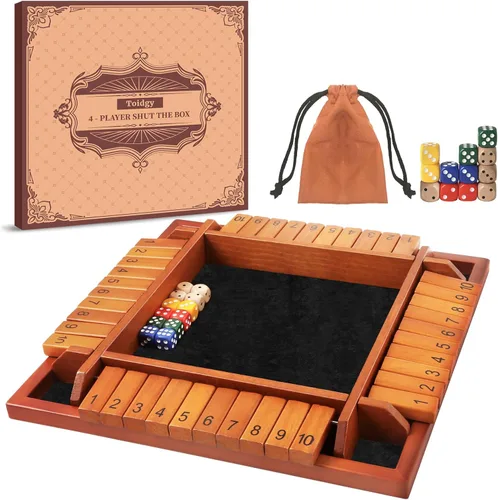 Toidgy - Juego de mesa de dados Shut The Box para 4 jugadores, juego de mesa de madera con 12 dados y instrucciones, juego de mesa clásico de cerrar