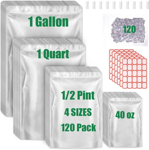 120 bolsas de Mylar para almacenamiento de alimentos con absorbentes de oxígeno de 120 x 300 cc, bolsas de Mylar de 9 mil, 1 galón, 1 cuarto de