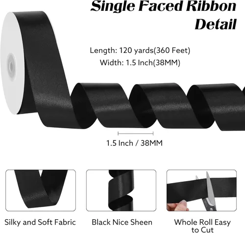 Miniatura 2 de woric - Cinta negra de satén negro de 120 yardas de 1-1/2 pulgadas para envolver regalos, ramo de flores, lazos, serpentinas, fiestas, día
