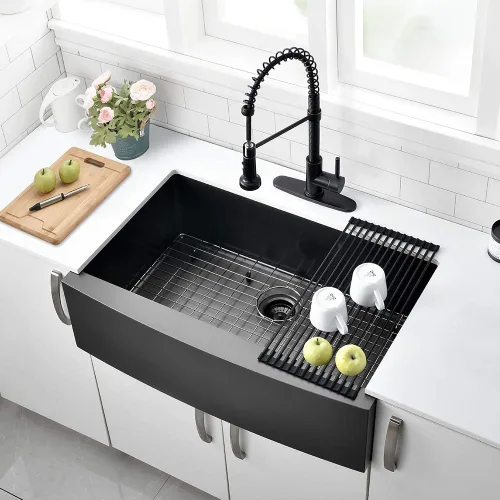 Fregadero de cocina negro de 30 pulgadas con delantal frontal de 30 x 22 pulgadas, acero inoxidable, calibre 16, fregadero frontal curvado,