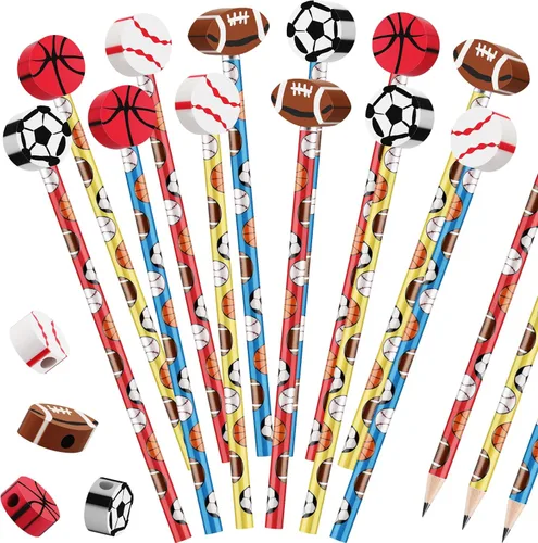 Chivao Juego de 12 lápices deportivos y borradores para niños, béisbol, fútbol, fútbol, deportes, recuerdos de fiesta para estudiantes, papelería de