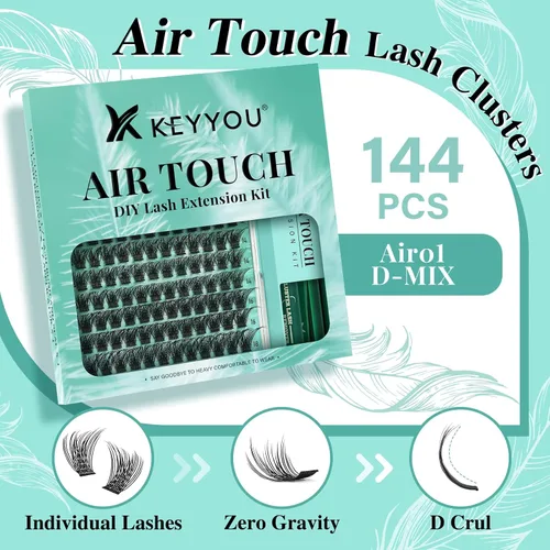 Miniatura 2 de Kit de extensión de pestañas KEYYOU 144 piezas con aplicador de pegamento y sello, racimos de pestañas Air Touch con removedor, rizo D, kit