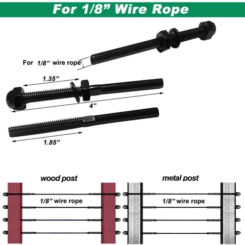 Miniatura 4 de Accesorios de barandilla de cable negro 1/8, kit de sistema de barandilla de cable de acero inoxidable T316, tensor de espárragos, 60 piezas