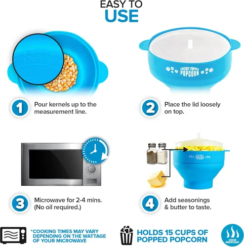 Miniatura 3 de Palomitas de maíz de silicona para microondas (azul) para hacer palomitas de maíz, no requiere aceite, cuenco plegable con tapa, reutilizable, sin