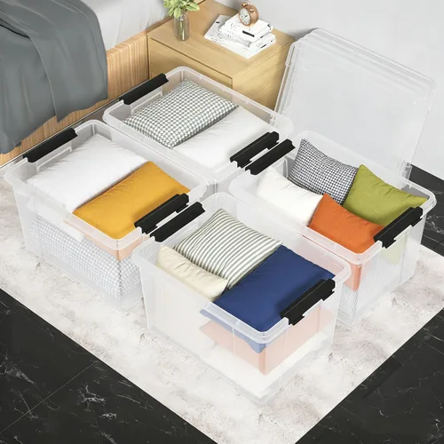 Miniatura 5 de Caja de almacenamiento de 35 cuartos de galón con ruedas, base transparente, contenedores de plástico con tapa de cierre seguro, pestillo negro