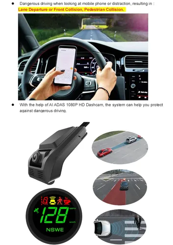 Miniatura 5 de ELING Velocímetro HUD de 2.75 pulgadas, módulo GPS integrado, dispositivo de prevención de colisiones AI, cámara inteligente para tablero con ADAS