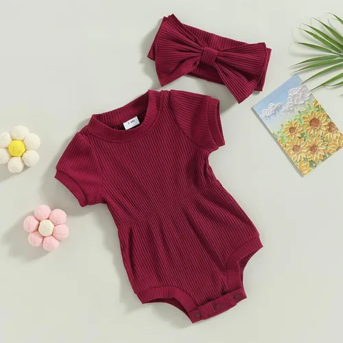 Miniatura 39 de Traje de verano para niña pequeña, de manga corta, acanalado, overol liso, pantalones cortos, ropa para recién nacidos