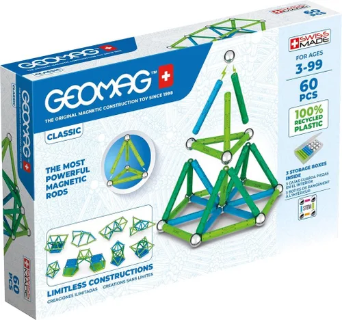 Geomag Juguetes magnéticos clásicos para niños a partir de 8 años, 60 imanes educativos STEM para niños, bloques magnéticos hechos en Suiza,