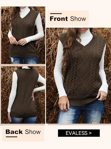Miniatura 7 de EVALESS Chaleco de gran tamaño para mujer, cuello en V, sin mangas, color sólido, suéter suelto