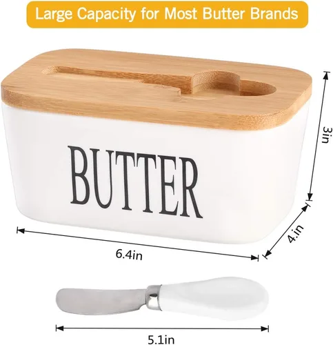 Miniatura 6 de Mantequillera de cerámica con tapa de madera, contenedor grande de mantequilla con esparcidor de cuchillo de acero inoxidable, cubierta de bambú