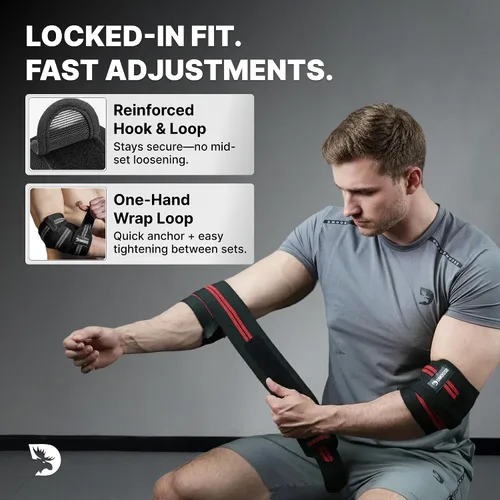 Miniatura 5 de DMoose Fitness Elbow Wraps for Weightlifting (Pair) - 40'' Adjustable Strap for Gym Workout & Bench Press, Compression Elbow Sleeves for Tendonitis