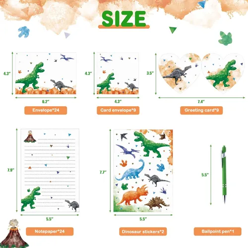 Miniatura 8 de WERNNSAI Juego de 69 cartas y sobres de papelería, dinosaurio para niños, papel de escritura y sobre, regalos de cumpleaños de Navidad para niños