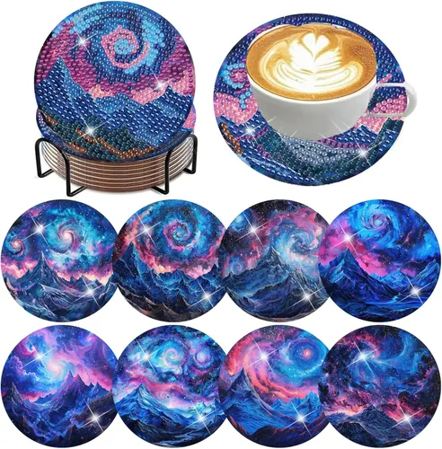 Miniatura 12 de ijbnhd 8 posavasos de pintura de diamante al atardecer con soporte, posavasos de arte abstracto de diamantes para principiantes, suministros