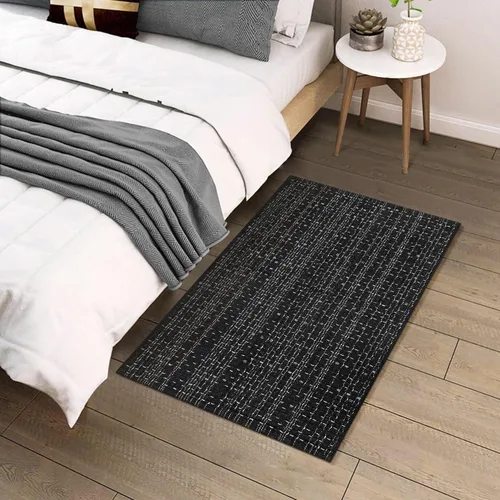 Miniatura 7 de Alfombra de baño estilo bohemio, 2 x 3 pies, alfombra de algodón tejida a mano para entrada, reversible, lavable, alfombra estilo granja, color Negro